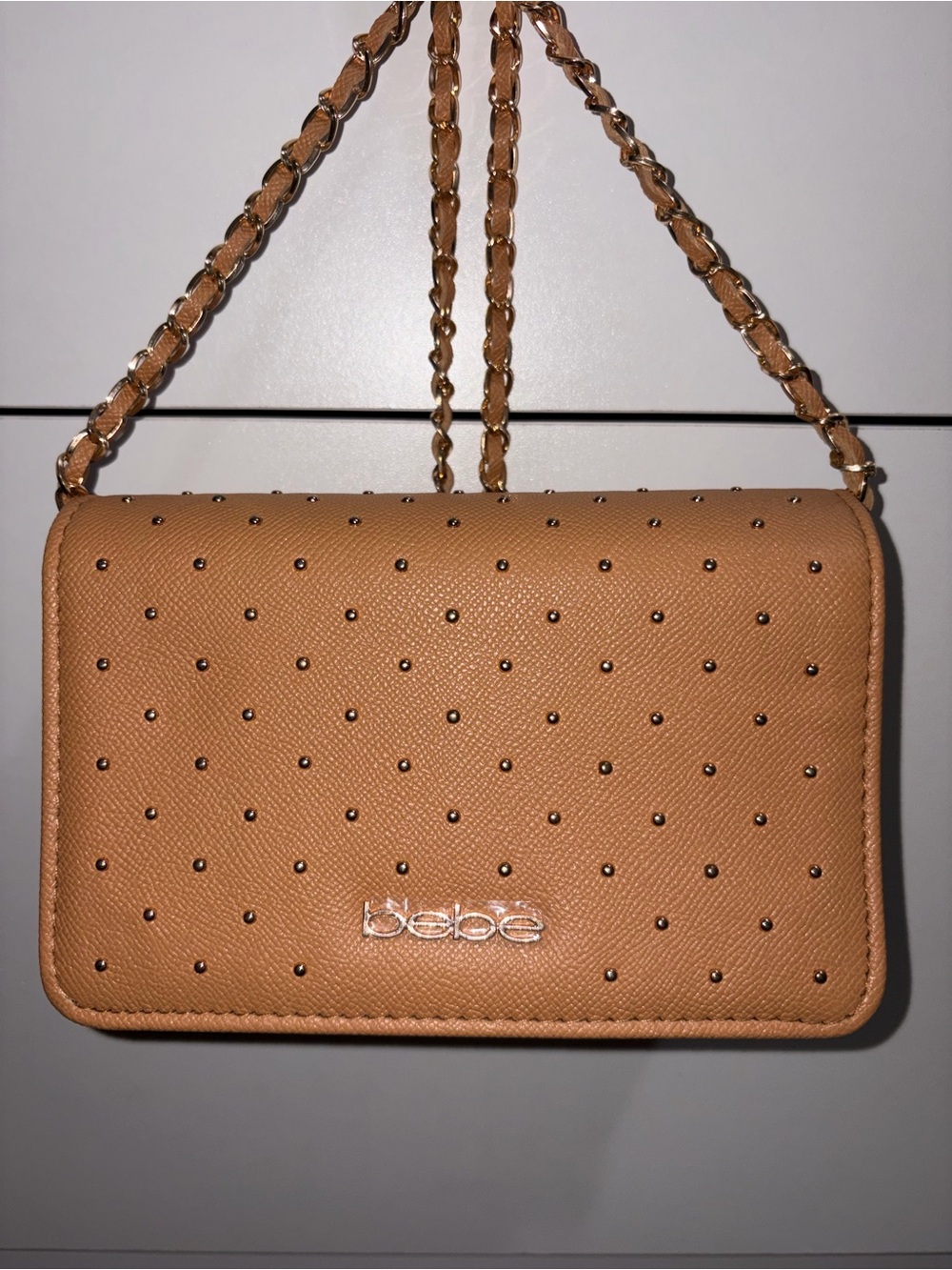 bebe Tan Studded Chain Crossbody Bag